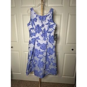 Adrianna Papell Floral‎ Dress Women's Sleeveless Blue White Fit Flare Pearl Sz 2
